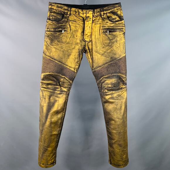 BALMAIN Size 38 Metallic Gold Black Cotton Slim Biker Jeans - Picture 1 of 6